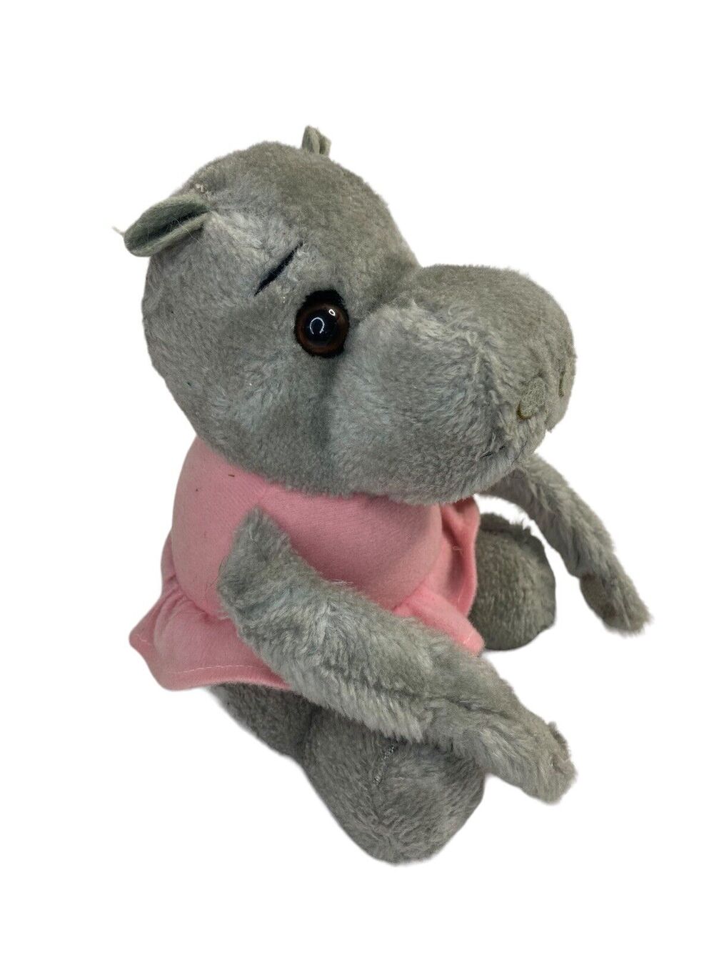 Vintage 1980 DAKIN Gray Hippo in Pink Tutu Hook Loop Hands Stuffed Animal Plush